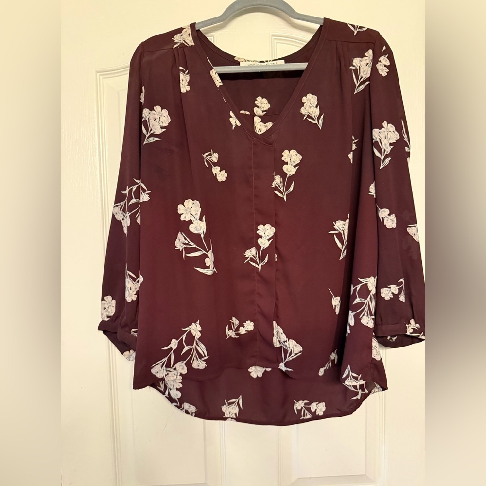 Collective Concepts Merlot Floral Blouse Sheer V-Neck Burgundy XL EUC - Picture 13 of 16